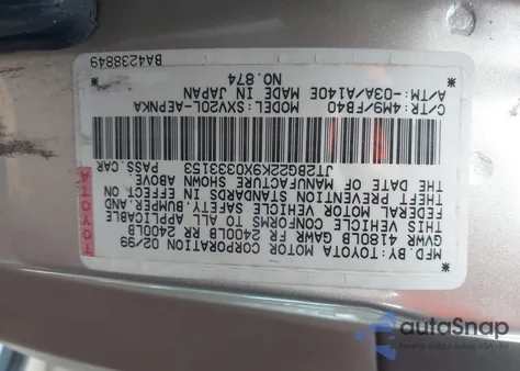 1999 Toyota Camry Ce/Le/Xle z USA, uszkodzony, nr VIN JT2BG22K9X0333153